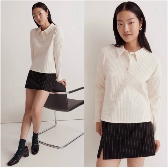 Madewell Tops - Madewell Variegated Rib Boxy Polo Shirt in Antique Cream N0377 Size Medium